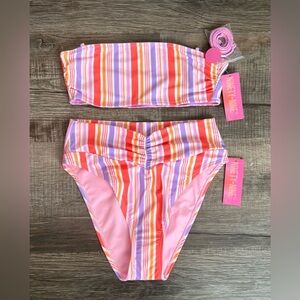 Women’s Reversible Pink, Orange & Purple Striped Bikini Set, Size Small